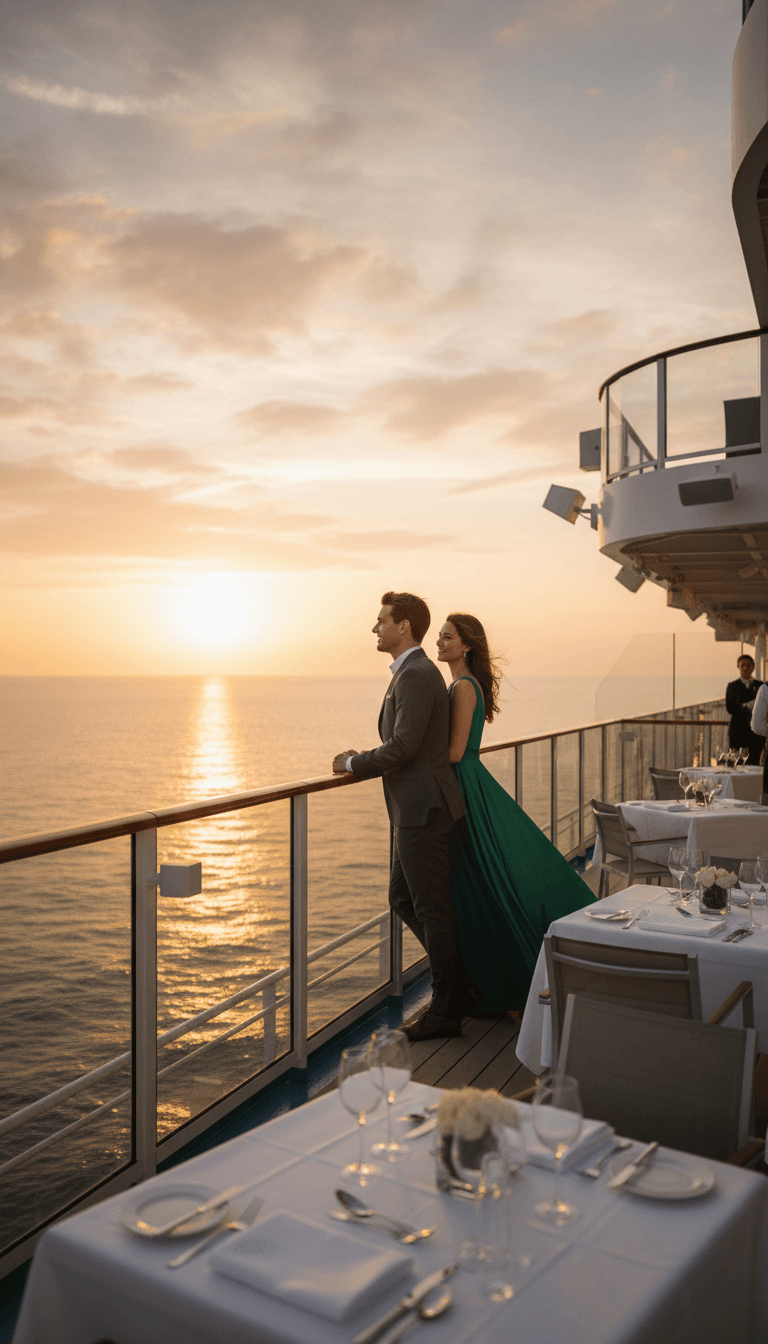 Elegant couple on a cruise ship deck at sunset, enjoying a romantic view of the ocean.