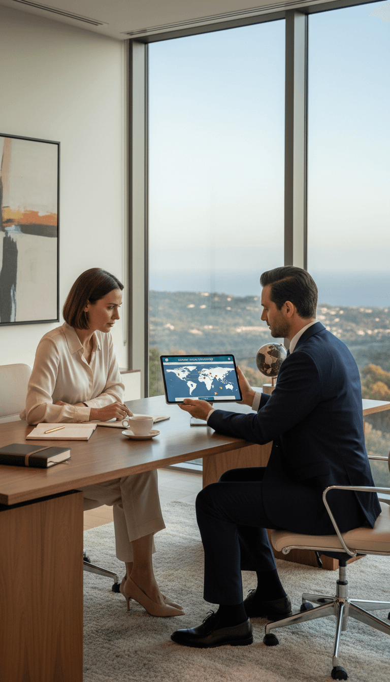 Travel consultant and client discuss custom itinerary in elegant office with scenic view