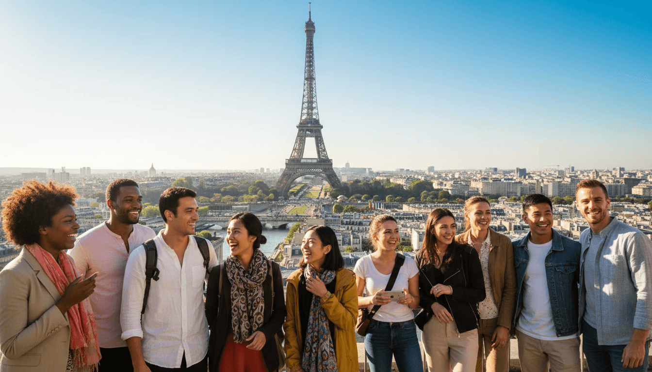 Diverse group enjoying cityscape views at a famous global landmark.