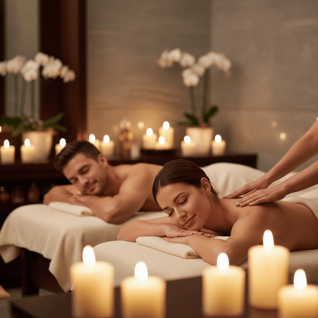 Couple enjoying a luxurious massage in a serene spa setting with soft candlelight.