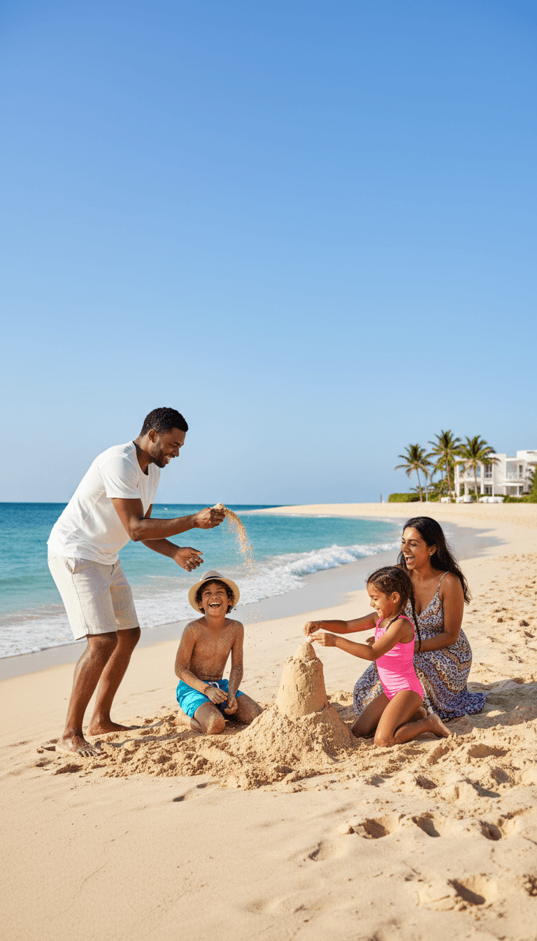 Diverse family enjoying a luxury beach vacation, playing together on the sand.