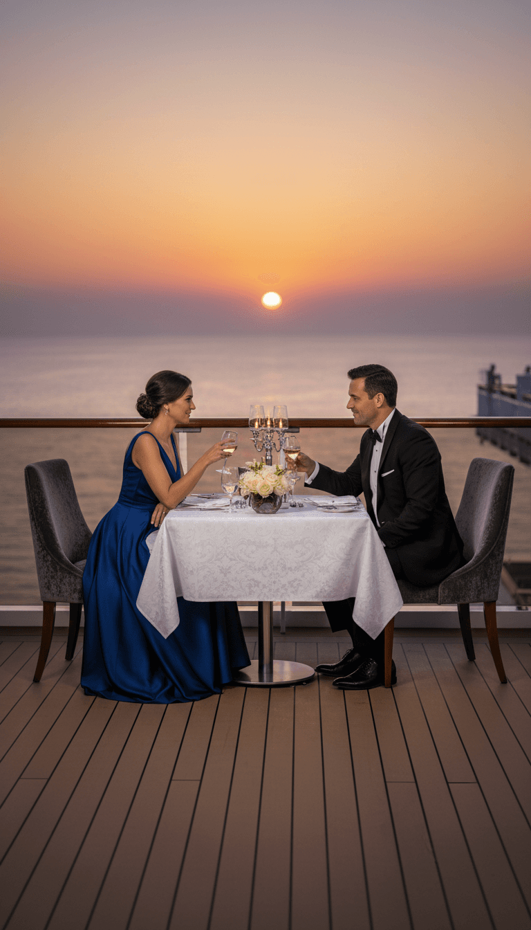 Couple dining romantically on a cruise ship deck at sunset, ocean view in background.