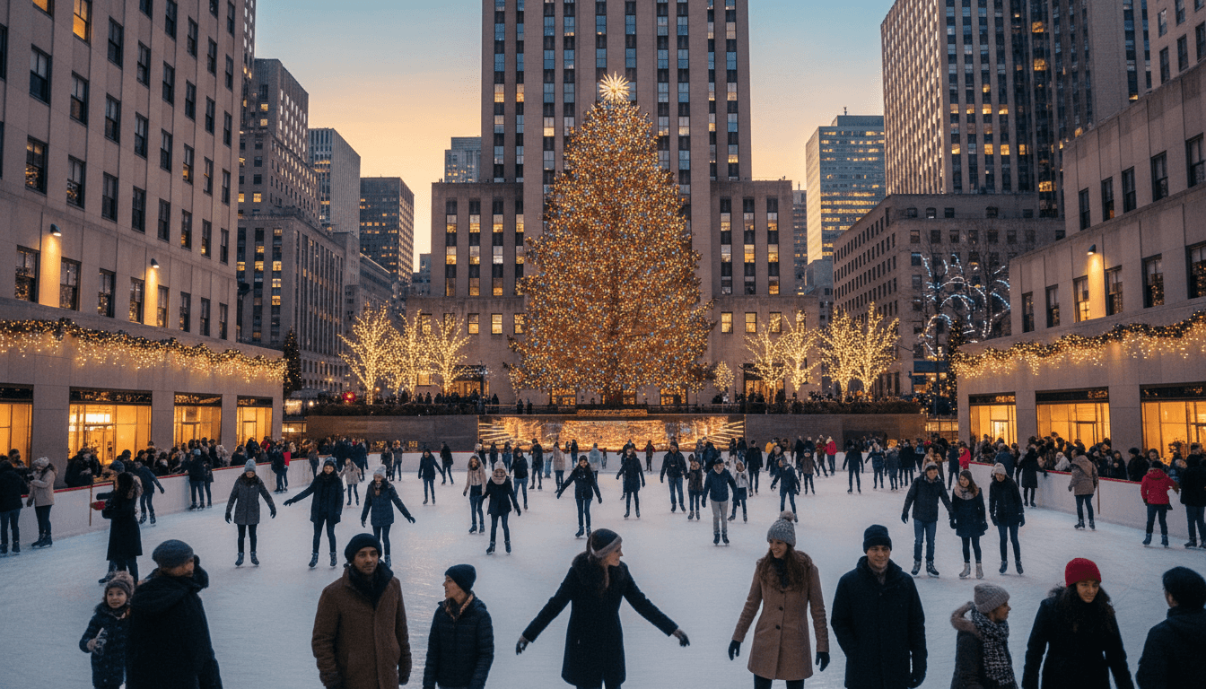 Festive Rockefeller Center in NYC at Christmas with tree and ice skaters.
