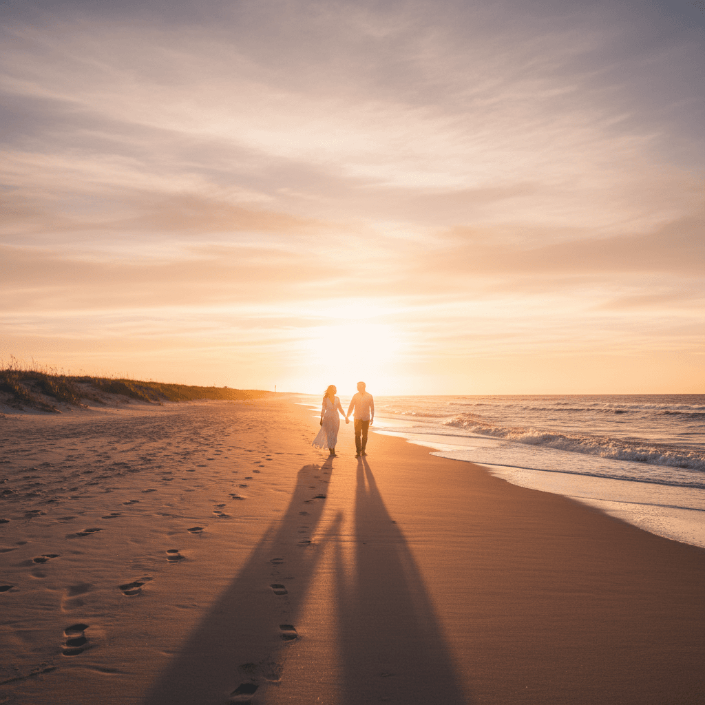 Couple walking on empty beach at sunset