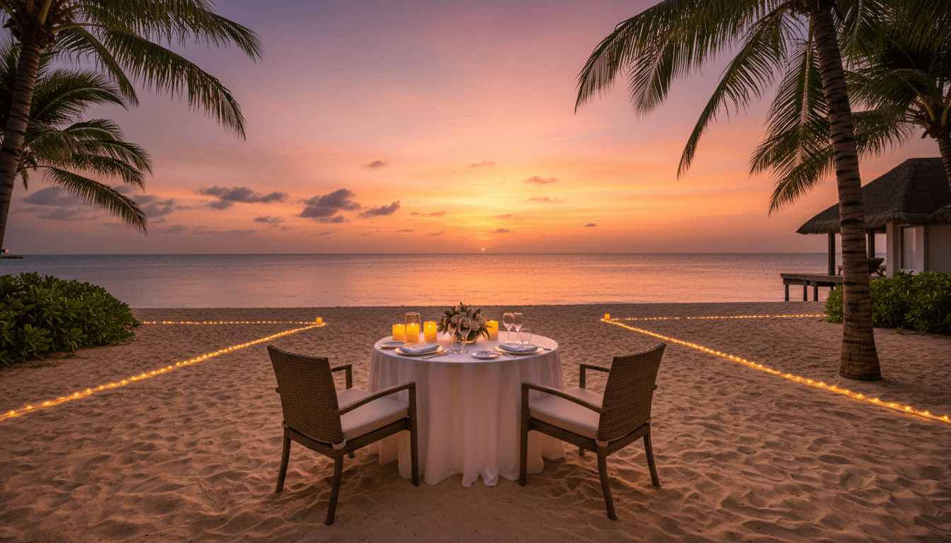Romantic beachside resort at sunset with elegant dining setup for honeymooners