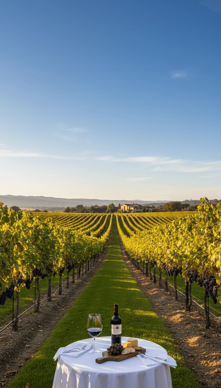 Sunlit Sonoma Valley vineyard with grapevines, a wine glass on a table, and clear blue skies.
