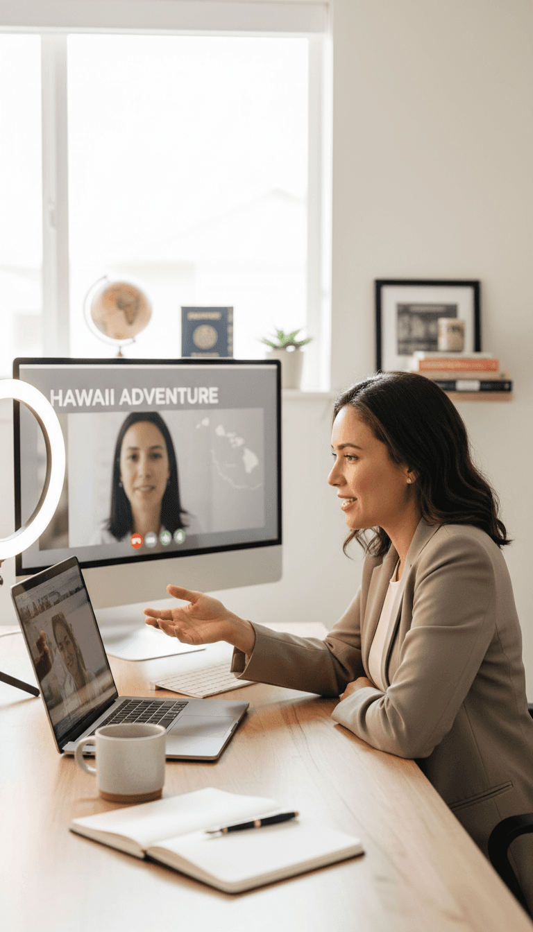 Freelance professional in well-lit home office during video call, laptop with ring light for client meetings