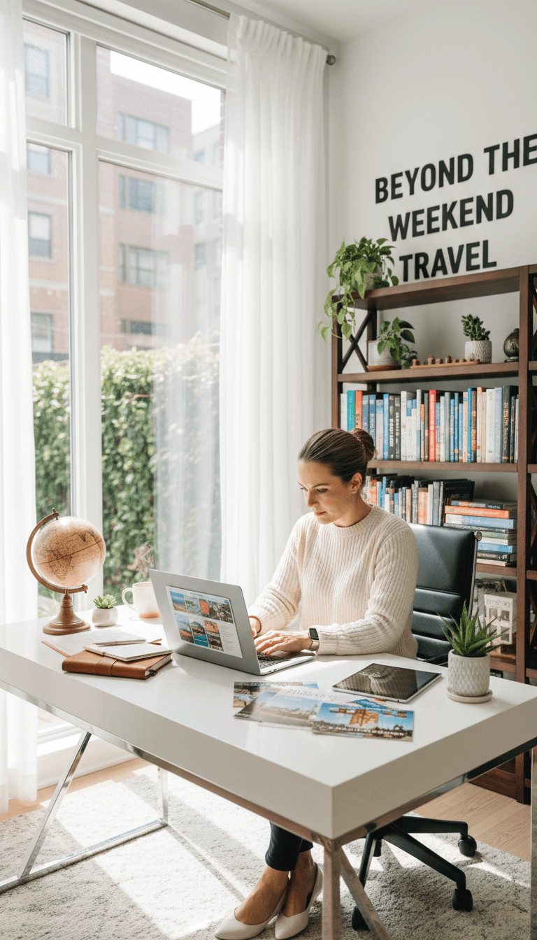 Travel advisor at desk in bright office, surrounded by travel materials and a laptop.