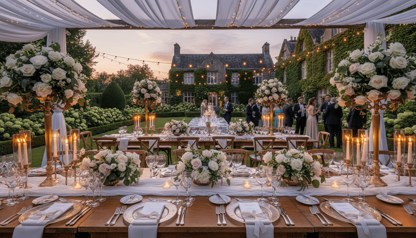 Elegant reception tablescape at sunset