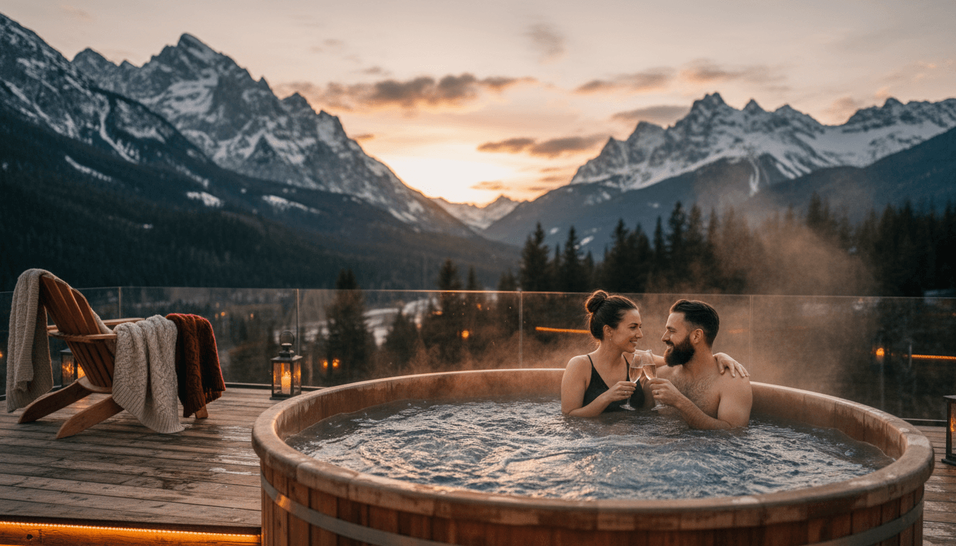 Couple relaxing in steaming outdoor hot tub at sunset with mountain peaks and forest landscape backdrop