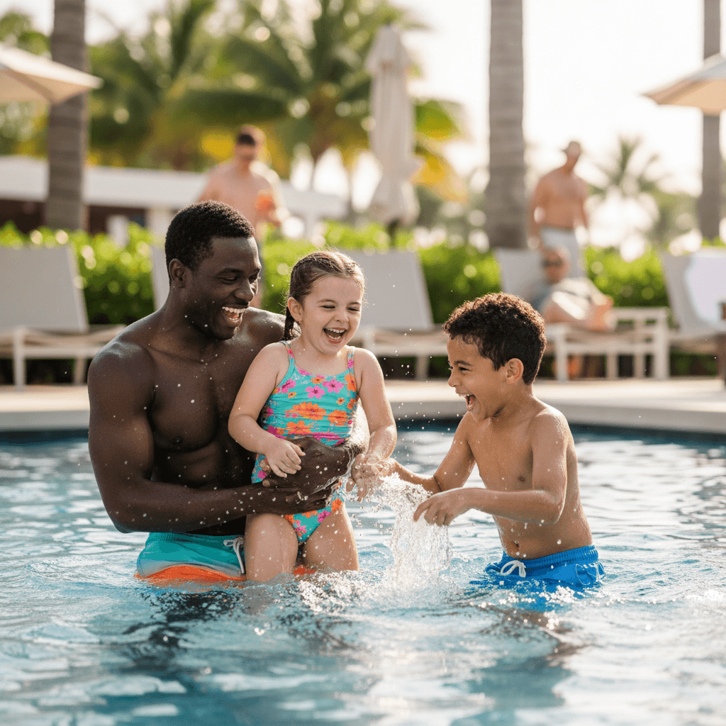 Happy family playing together in crystal-clear resort pool water, smiling and enjoying recreational leisure time with natural daylight illuminating their joyful interaction
