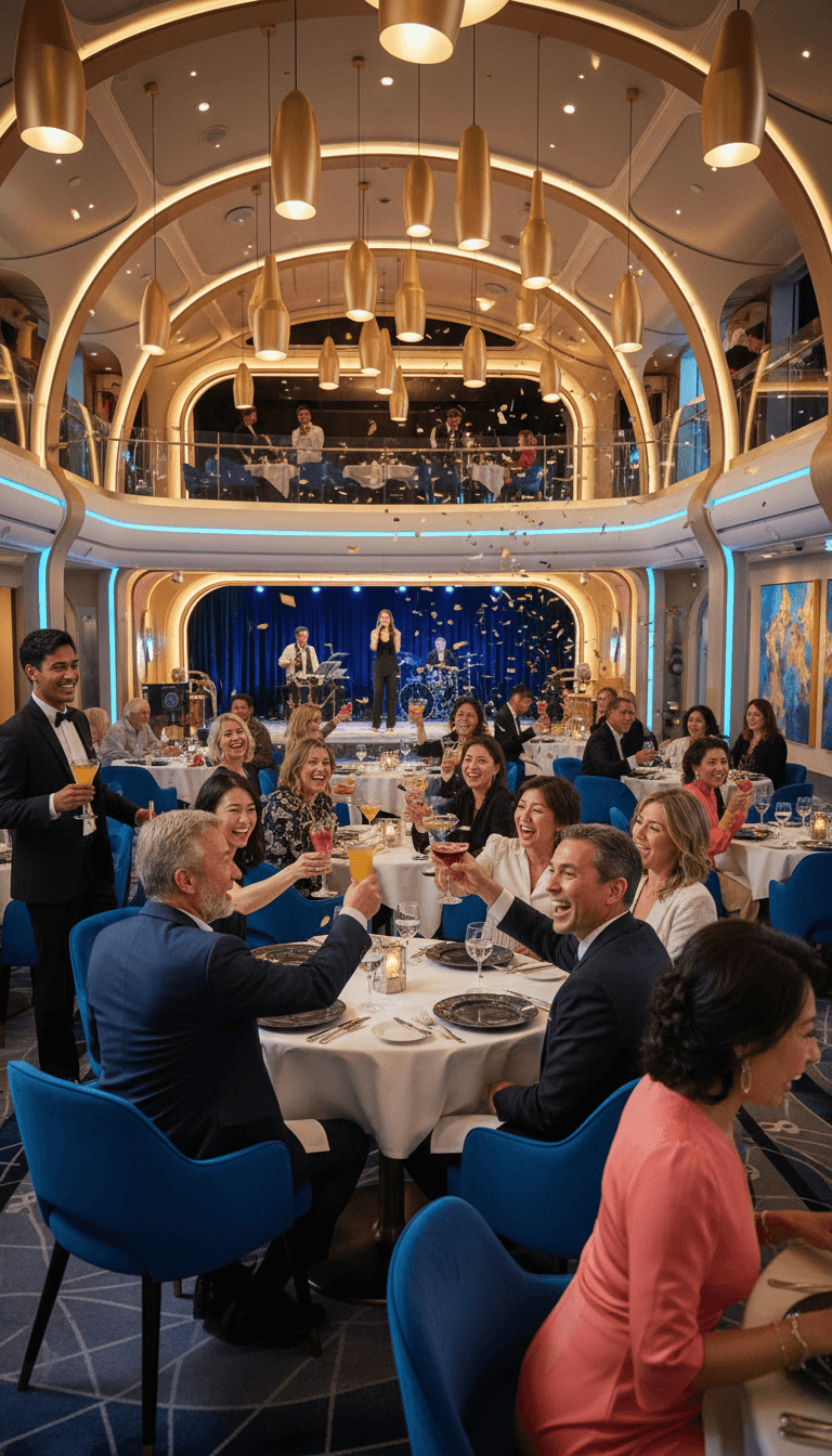 Group of friends dining at a formal table on cruise ship