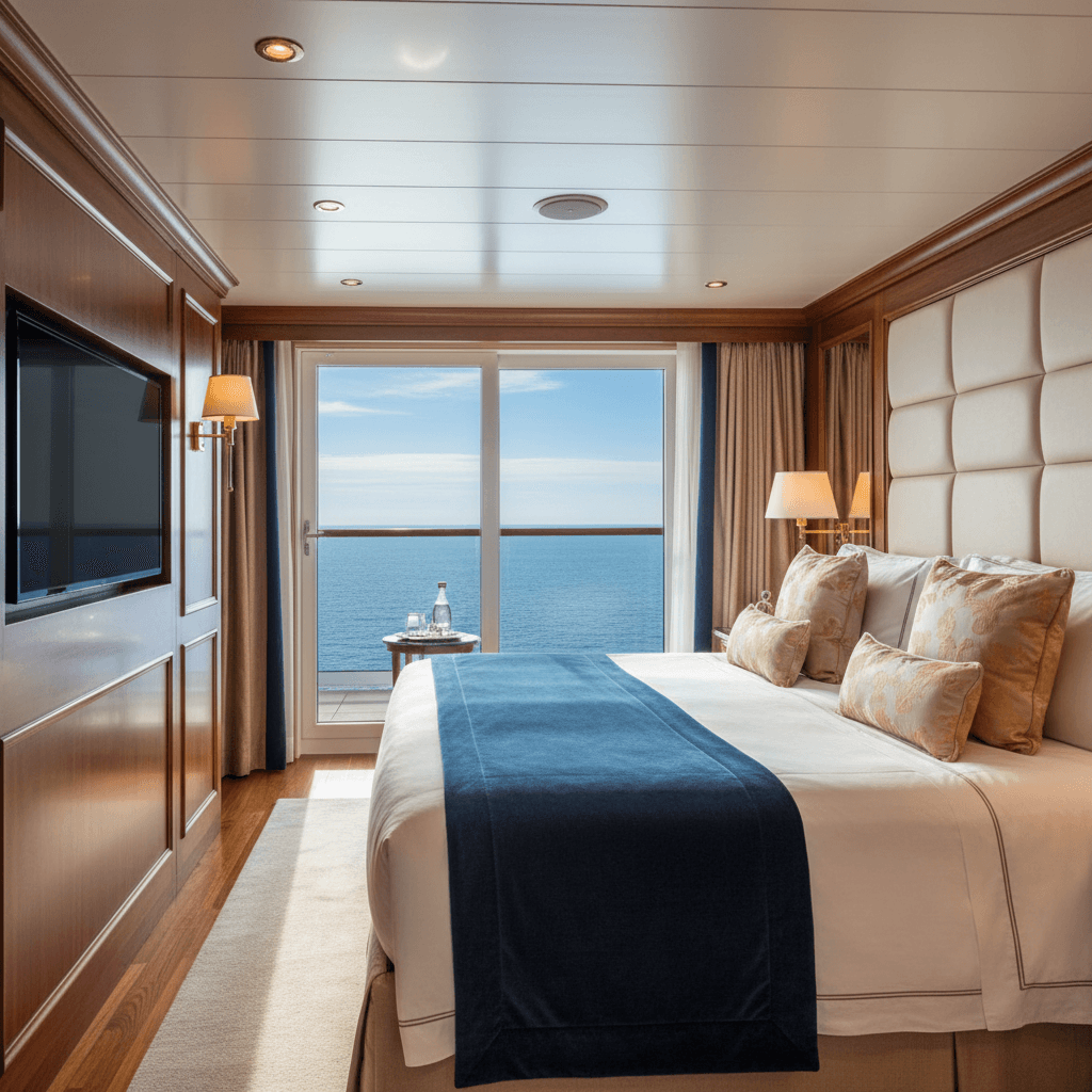 Elegant cruise ship cabin interior with ocean view window