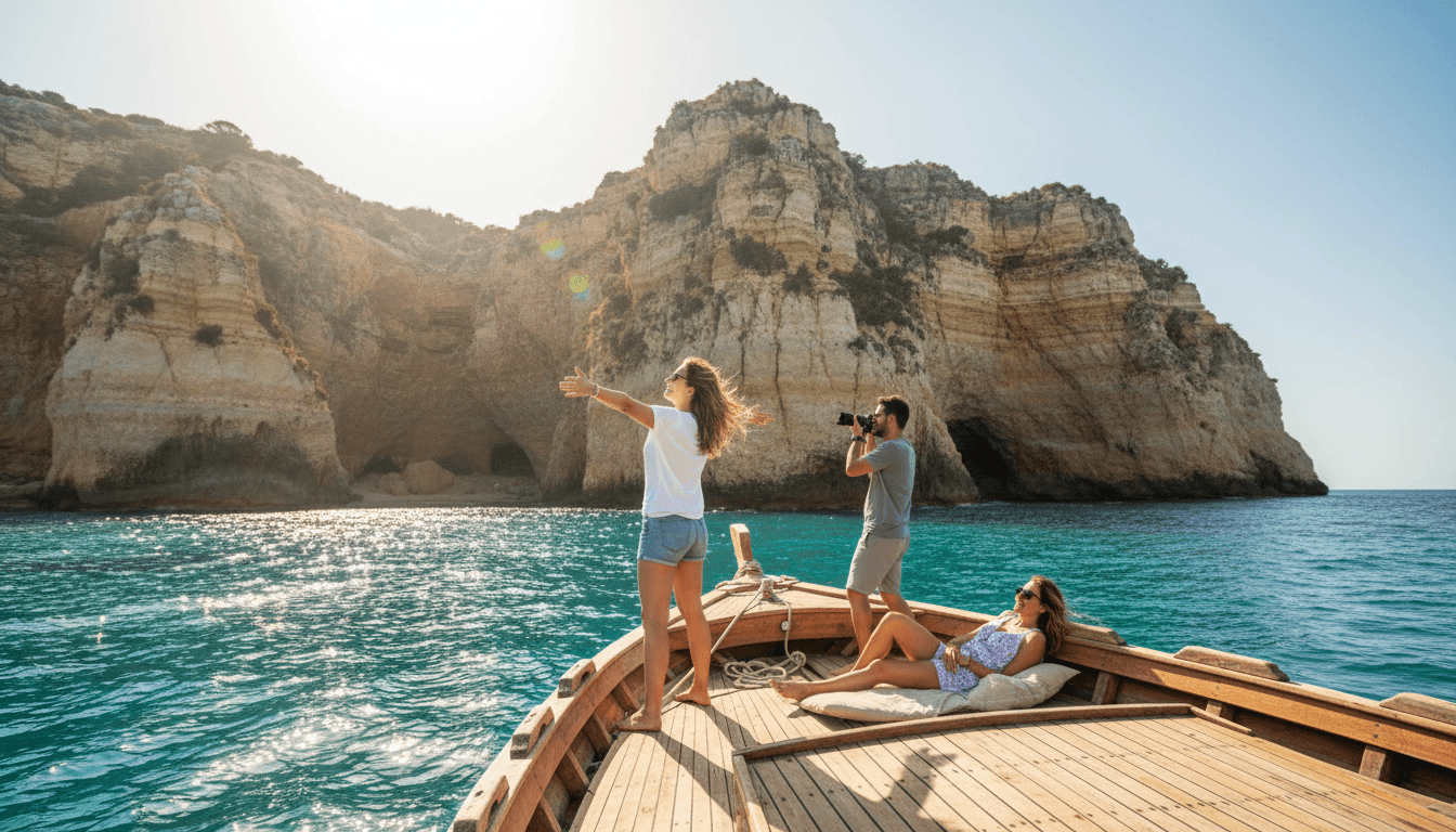 Diverse travelers enjoying boat excursion along dramatic Mediterranean limestone cliffs with crystal-clear turquoise waters