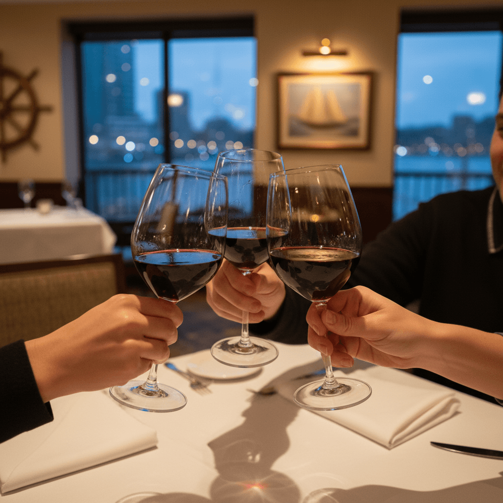 Three diverse people toasting with wine glasses during warm evening social gathering celebration