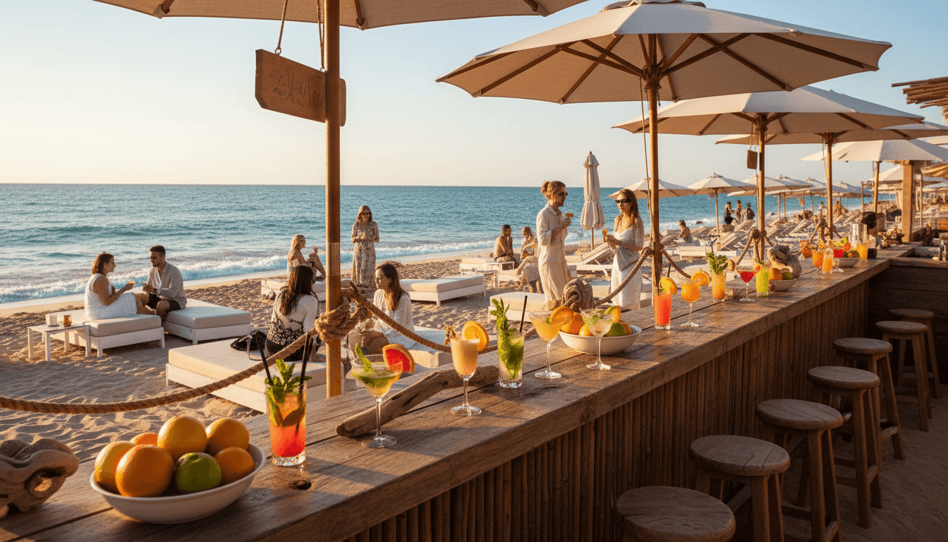 Golden hour view of beachside bar counter with colorful cocktails, sunbeds, and guests relaxing by turquoise ocean