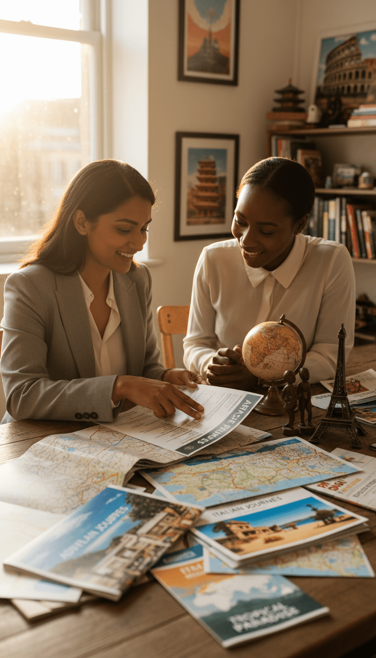 Travel consultant and client review colorful destination brochures and itineraries during personalized planning consultation