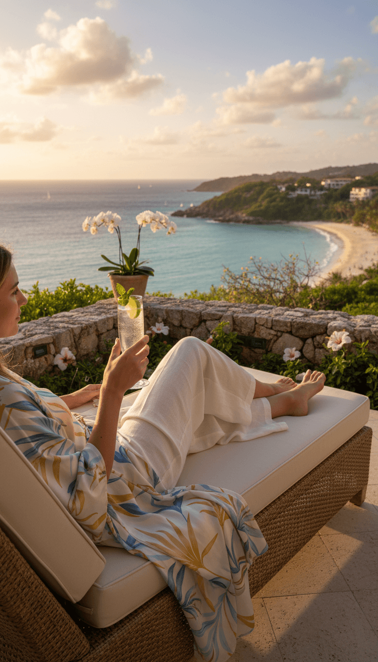 Guest relaxing in premium lounge chair on private terrace overlooking tropical ocean vista with golden hour lighting