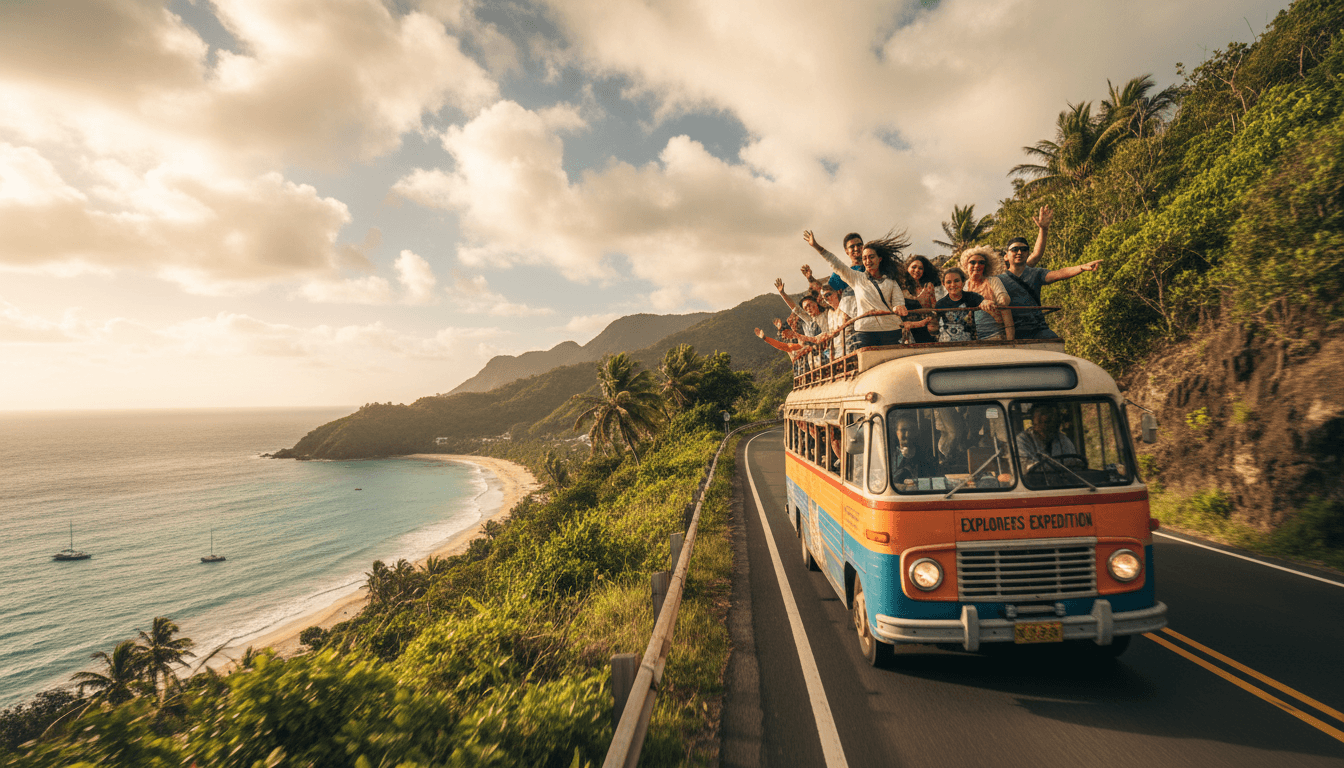 Colorful tour vehicle driving coastal mountain road with diverse passengers, tropical ocean and vegetation visible