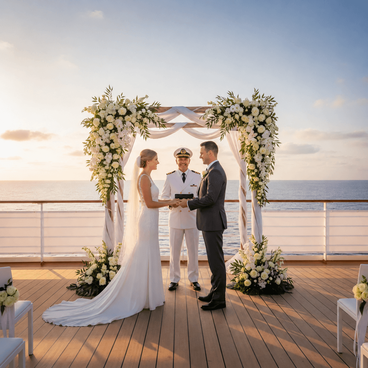 A couple exchanges vows under a floral arch on a cruise ship deck at sunset.